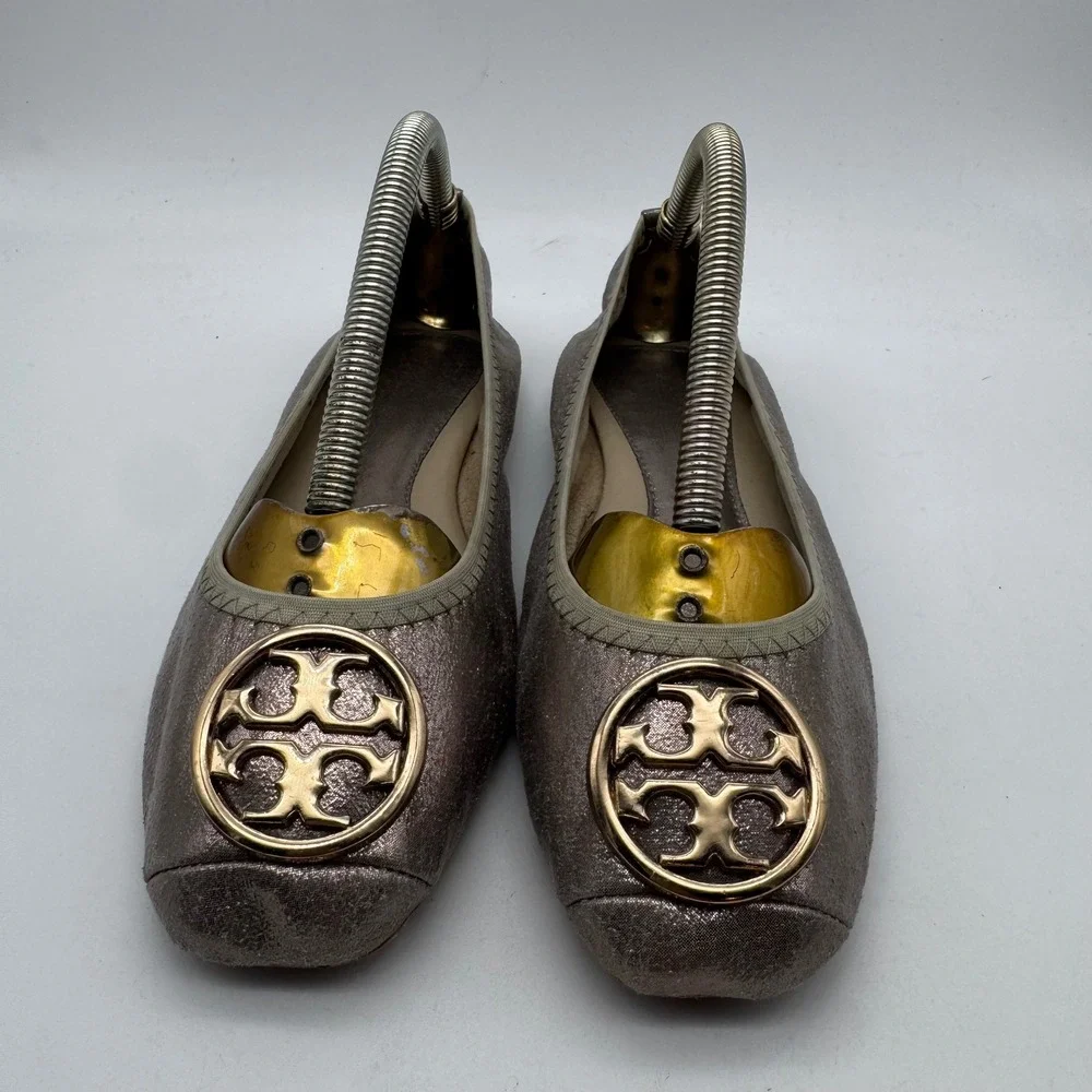 Tory Burch Metallic Pewter‎ Ballet Flats Embellished Logo Women's Shoes